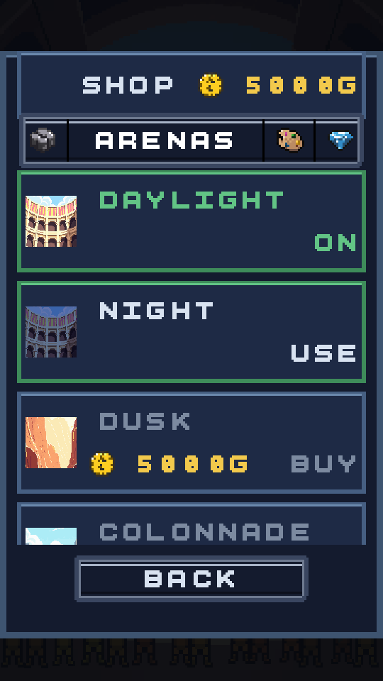 The arena shop with prices in gold: Dusk 5000G, Colonnade 10000G.