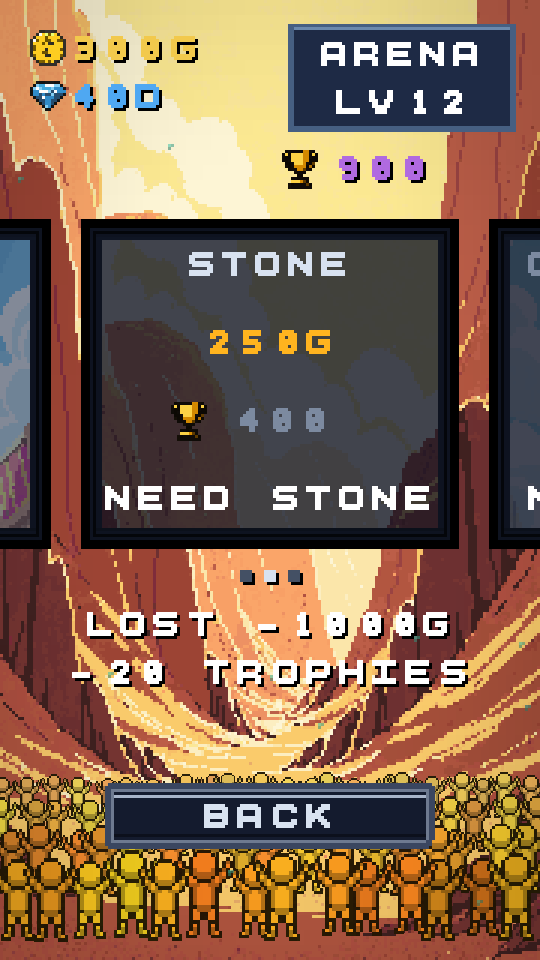 The same screen swiped to the Stone stake: a dusk canyon fills the background and the card reads STONE, 250G, 400 trophies, NEED STONE.