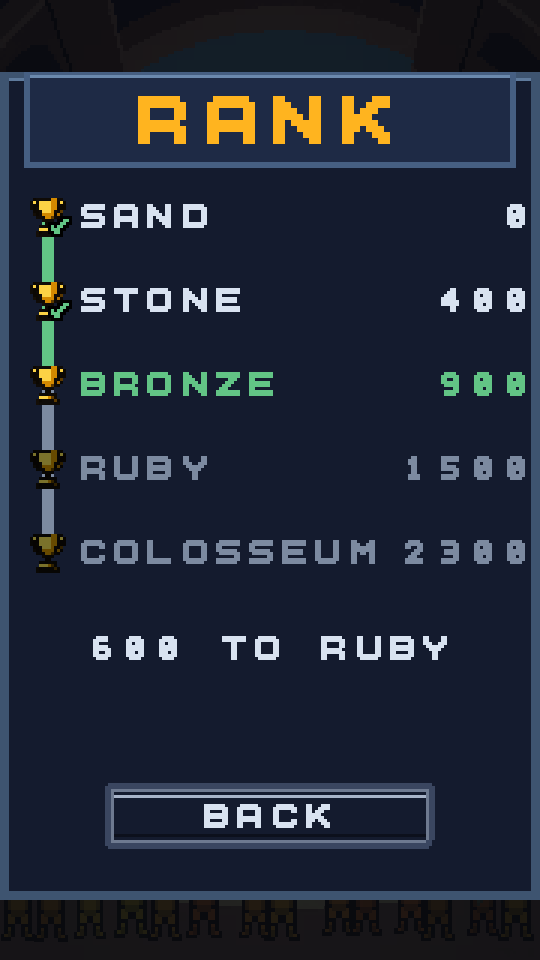 The RANK ladder: Sand 0, Stone 400, Bronze 900, Ruby 1500, Colosseum 2300, a green bar up to the current rank, and the line 600 TO RUBY.